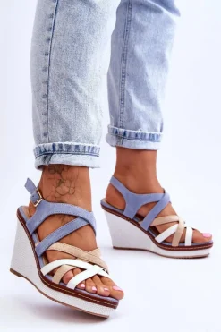 Hot Boto Sandały Na Koturnie Z Paseczkami Niebieskie Ellen