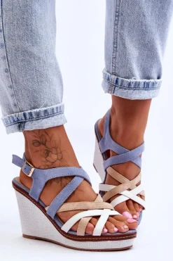 Hot Boto Sandały Na Koturnie Z Paseczkami Niebieskie Ellen