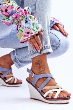 Hot Boto Sandały Na Koturnie Z Paseczkami Niebieskie Ellen