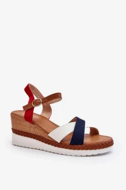 Sale Boto Sandały Na Koturnie Z Paskami Biało-Granatowe Kioda