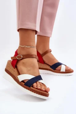 Sale Boto Sandały Na Koturnie Z Paskami Biało-Granatowe Kioda