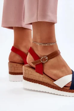 Sale Boto Sandały Na Koturnie Z Paskami Biało-Granatowe Kioda