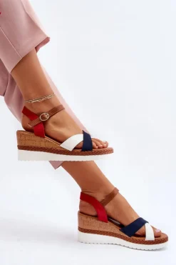 Sale Boto Sandały Na Koturnie Z Paskami Biało-Granatowe Kioda