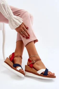 Sale Boto Sandały Na Koturnie Z Paskami Biało-Granatowe Kioda