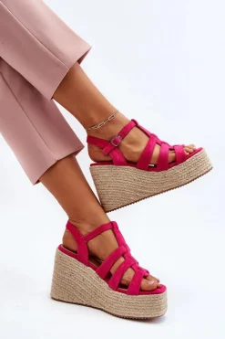 Damskie Boto Sandały Na Koturnie Z Plecionką Fuksja Gnosis