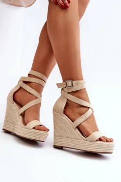 Boto Sandały Na Koturnie*Sandały Na Koturnie Z Plecionką Beżowe Salthe
