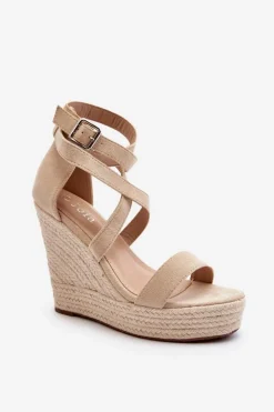 Boto Sandały Na Koturnie*Sandały Na Koturnie Z Plecionką Beżowe Salthe