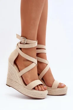 Boto Sandały Na Koturnie*Sandały Na Koturnie Z Plecionką Beżowe Salthe