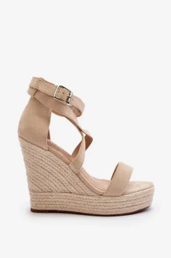 Boto Sandały Na Koturnie*Sandały Na Koturnie Z Plecionką Beżowe Salthe