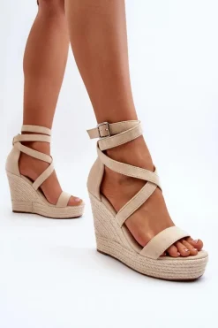 Boto Sandały Na Koturnie*Sandały Na Koturnie Z Plecionką Beżowe Salthe