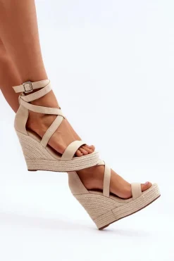 Boto Sandały Na Koturnie*Sandały Na Koturnie Z Plecionką Beżowe Salthe
