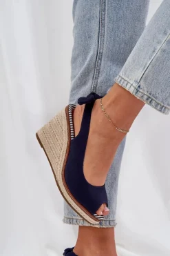 Clearance Boto Sandały Na Koturnie Z Plecionką Granatowe Nanalis Niebieski