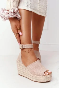 Boto Sandały Na Koturnie*Sandały Na Koturnie Z Plecionką Beżowe Makenna