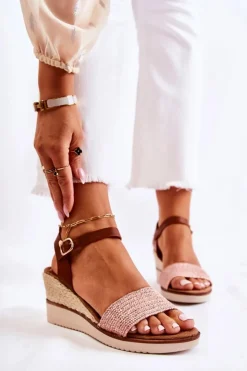 Damskie Evento Sandały Na Koturnie Z Plecionką Różowe Tenerife