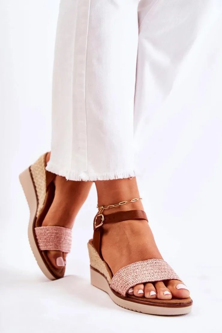 Damskie Evento Sandały Na Koturnie Z Plecionką Różowe Tenerife