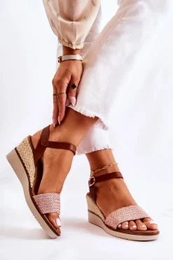 Damskie Evento Sandały Na Koturnie Z Plecionką Różowe Tenerife