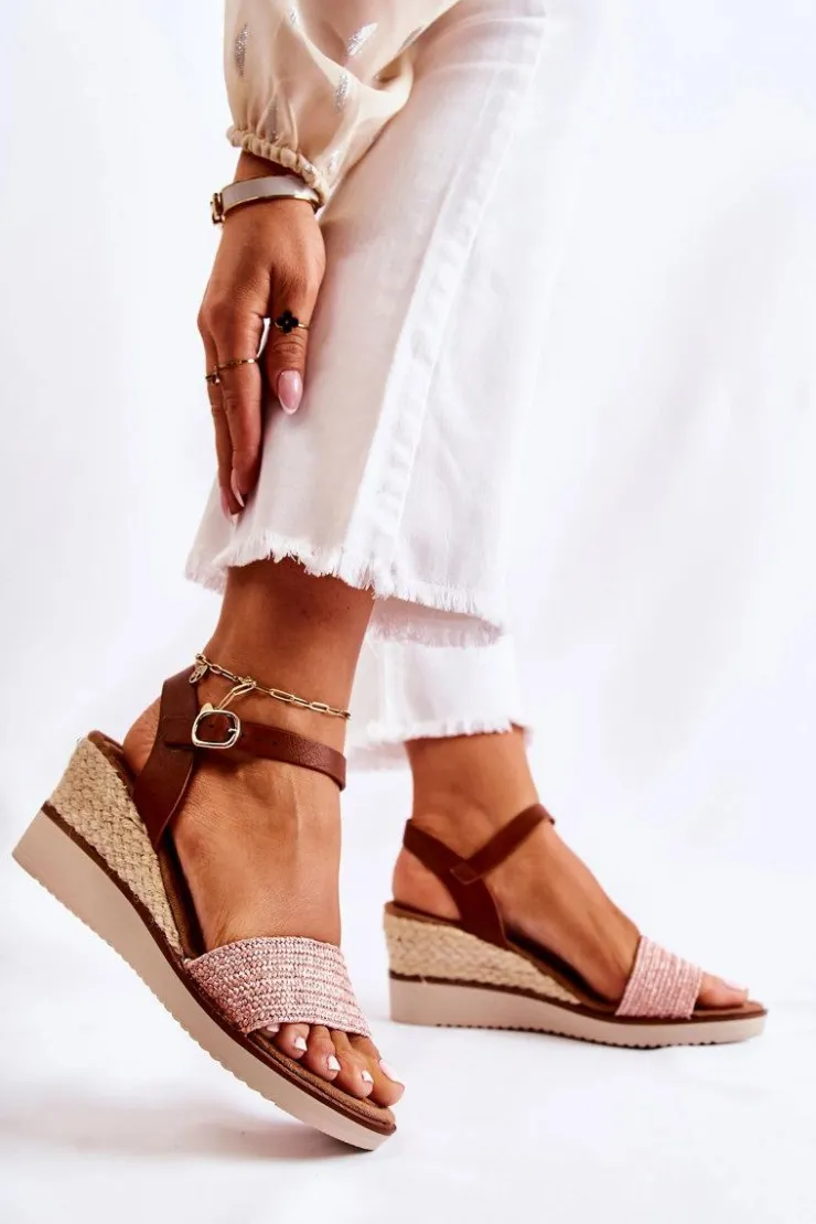 Damskie Evento Sandały Na Koturnie Z Plecionką Różowe Tenerife