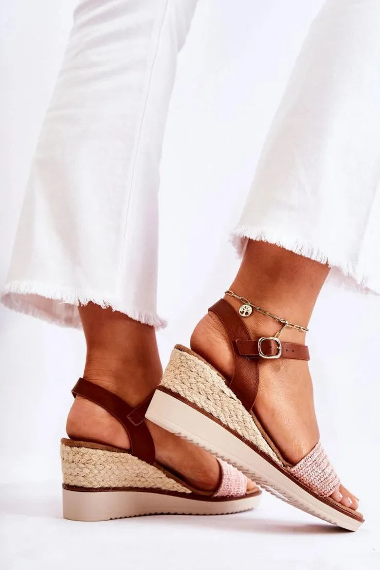 Damskie Evento Sandały Na Koturnie Z Plecionką Różowe Tenerife