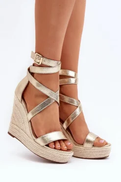 Damskie Boto Sandały Na Koturnie Z Plecionką Złote Salthe