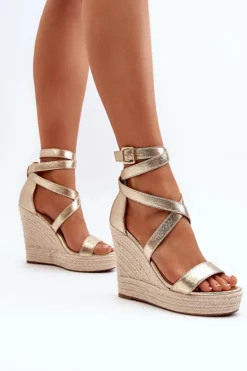 Damskie Boto Sandały Na Koturnie Z Plecionką Złote Salthe