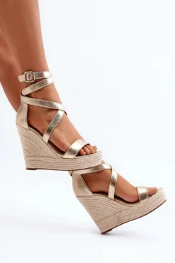 Damskie Boto Sandały Na Koturnie Z Plecionką Złote Salthe