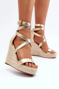 Damskie Boto Sandały Na Koturnie Z Plecionką Złote Salthe