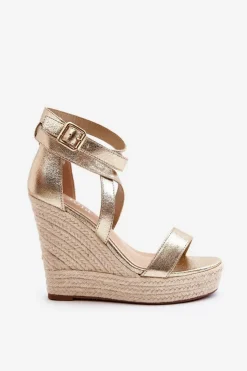 Damskie Boto Sandały Na Koturnie Z Plecionką Złote Salthe