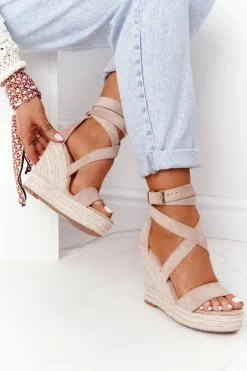 Clearance Boto Sandały Na Koturnie Z Plecionką Beżowe Lanzarote