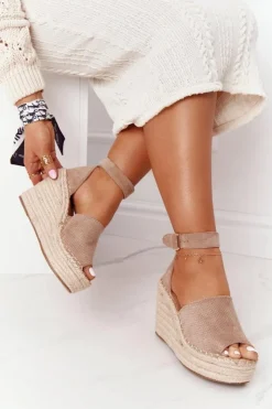 Damskie Boto Sandały Na Koturnie Z Plecionką Jasnobrązowe Makenna