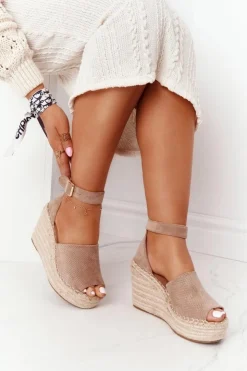 Damskie Boto Sandały Na Koturnie Z Plecionką Jasnobrązowe Makenna