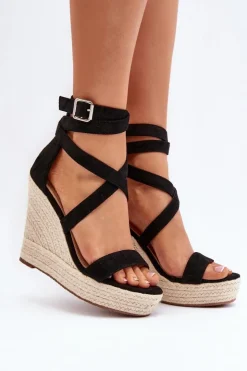 Clearance Boto Sandały Na Koturnie Z Plecionką Czarne Salthe