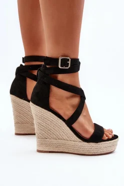 Clearance Boto Sandały Na Koturnie Z Plecionką Czarne Salthe