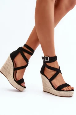 Clearance Boto Sandały Na Koturnie Z Plecionką Czarne Salthe