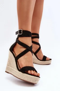 Clearance Boto Sandały Na Koturnie Z Plecionką Czarne Salthe