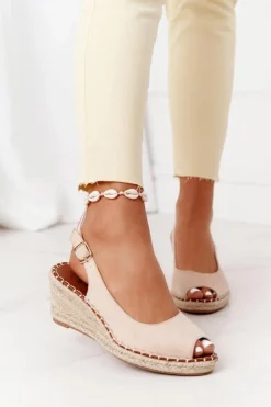 Damskie Boto Sandały Na Koturnie Z Plecionką Beżowe Las Palomas