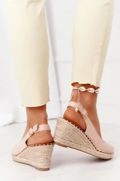 Damskie Boto Sandały Na Koturnie Z Plecionką Beżowe Las Palomas