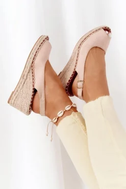 Damskie Boto Sandały Na Koturnie Z Plecionką Beżowe Las Palomas