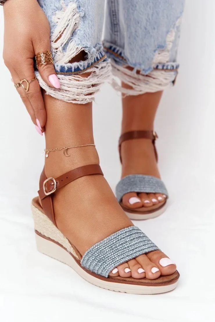 Damskie Evento Sandały Na Koturnie Z Plecionką Niebieskie Tenerife