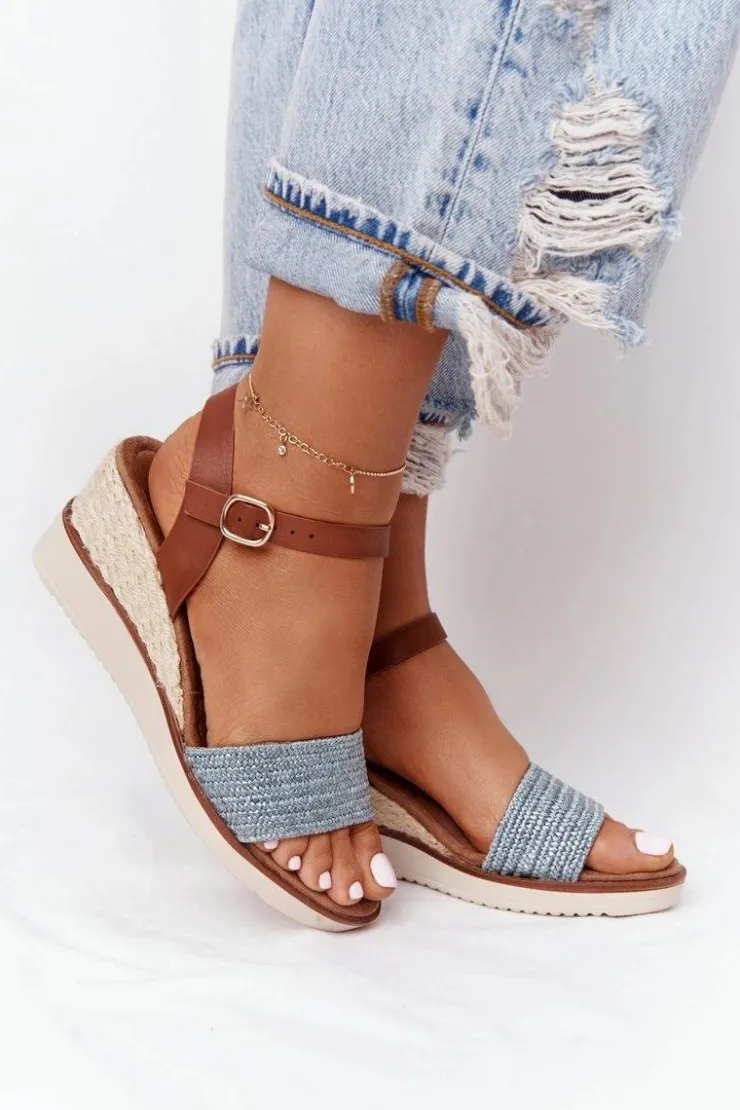 Damskie Evento Sandały Na Koturnie Z Plecionką Niebieskie Tenerife