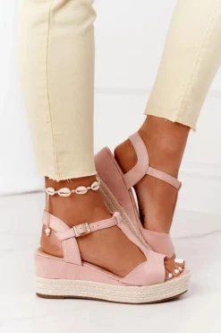 Damskie Boto Sandały Na Koturnie Z Plecionką Różowe Graciosa