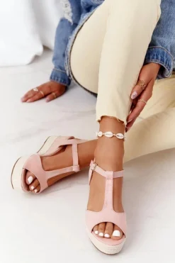 Damskie Boto Sandały Na Koturnie Z Plecionką Różowe Graciosa