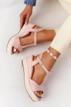 Damskie Boto Sandały Na Koturnie Z Plecionką Różowe Graciosa