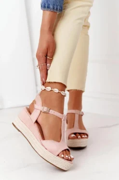 Damskie Boto Sandały Na Koturnie Z Plecionką Różowe Graciosa