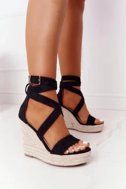 Damskie Boto Sandały Na Koturnie Z Plecionką Czarne Lanzarote