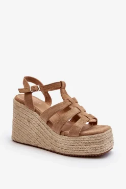 Damskie Boto Sandały Na Koturnie Z Plecionką Brązowe Gnosis