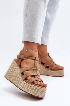 Damskie Boto Sandały Na Koturnie Z Plecionką Brązowe Gnosis