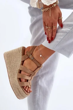 Damskie Boto Sandały Na Koturnie Z Plecionką Brązowe Gnosis