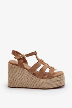 Damskie Boto Sandały Na Koturnie Z Plecionką Brązowe Gnosis