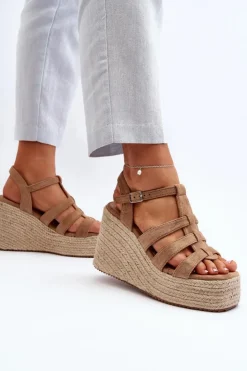 Damskie Boto Sandały Na Koturnie Z Plecionką Brązowe Gnosis
