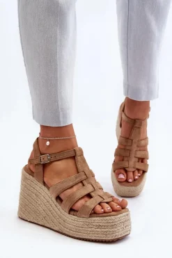 Damskie Boto Sandały Na Koturnie Z Plecionką Brązowe Gnosis